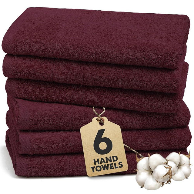 Novo Home 100% Cotton Hand Towels for Bathroom – Soft & Absorbent Towel Set– Pack of 6 Small Towel (34x20in) – Quick Dry Luxury Cotton Hand Towels – Burgundy