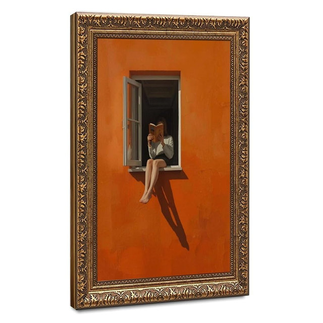 Mid Century Modern Orange Wall Art, Minimalist Woman Reading in Window Poster, Vibrant Aesthetic Canvas Print for Living Room Bedroom, Retro Bohemian Decor, Thoughtful Gift for Book Lovers