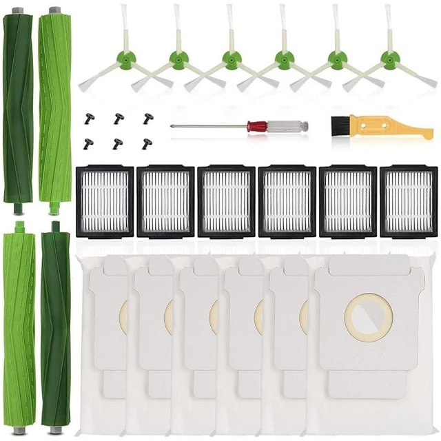 JUMBO FILTER Replacement Parts Compatible with iRobot Roomba I, E & J Series i7 i7+ j6+ j7 j7+ i3 i3+ i4 i4+ i6 i6+ i8 i8+ /Plus, 2 Set Rubber Brushes, 6 HEPA Filters, 6 Side Brushes, 6 Vacuum Bags