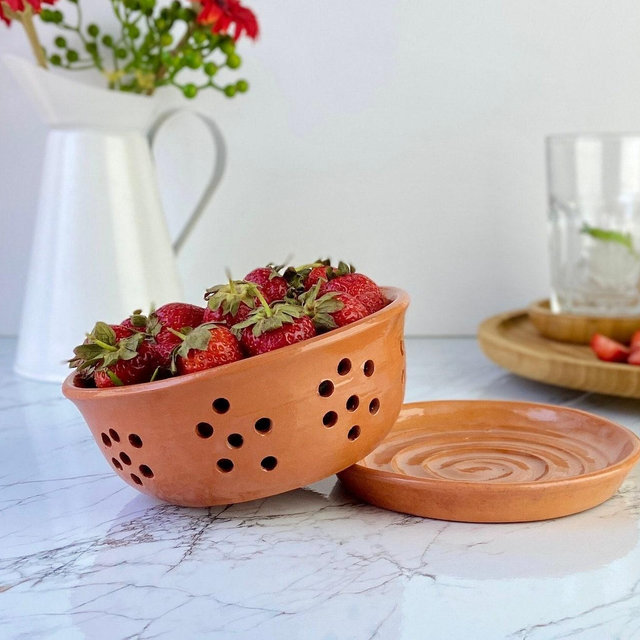 Pottery Berry Bowl with Saucer, Ceramic Fruit Colander, Clay Strawberry Plate, Terracotta Strainer with Holes, Farmhouse Cook Gift
