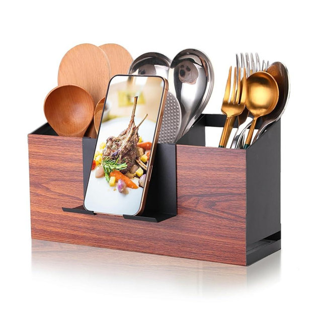UPODA Utensil Holder Large Iron Flatware Container with 3 Compartments Countertop Wall-mounted Kitchen Utensil Storage (Black)