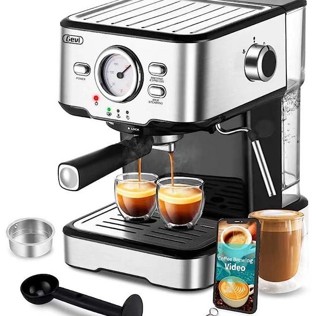 Gevi Espresso Machine 15 Bar Pump Pressure, Cappuccino Coffee Maker with Milk Foaming Steam Wand for Latte, Mocha, Cappuccino, 1.5L Water Tank