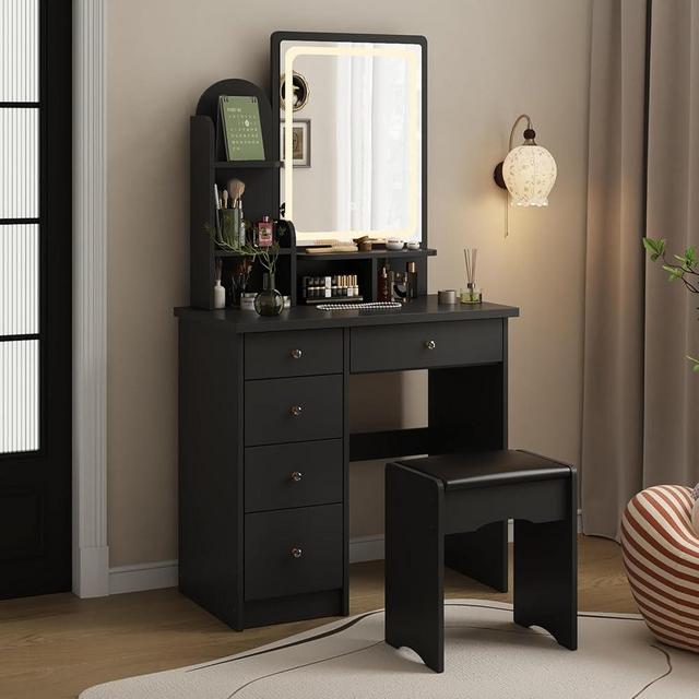 WOODTIME Vanity Set with LED Lighted Mirror, Dressing Table with 5 Drawers & Shelves, Makeup Desk with Cushioned Stool for Bedroom, Black