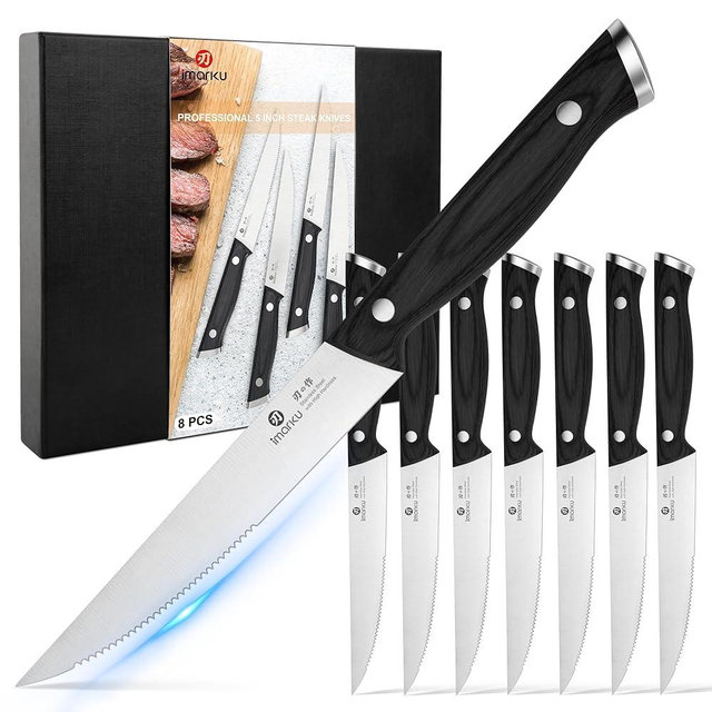 imarku Japanese Steak Knives, Steak Knives Set of 8,Stainless Steel Serrated Steak Knife,Steak Knife with Pakkawood Ergonomic Handle,Gift for Men and Women