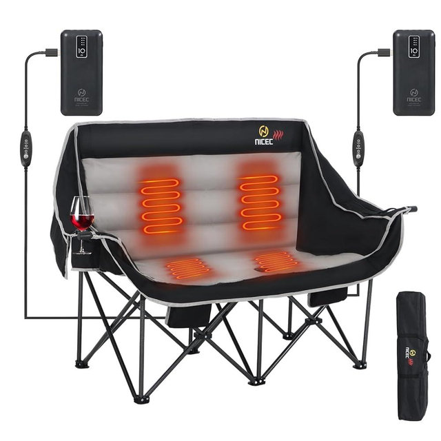 Nice C Heated Camping Chair with Battery, Outdoor Heated Chair, Double Camping Chair, Camping Chairs for Adults, Folding Chair, Camping Couch, 2 Power Banks Included