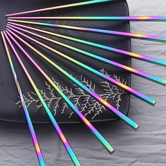 Koolemon 4pairs Rainbow 304 Stainless Steel Chopsticks Polished Multicolor Reusable Chopsticks,Metal Square Chopsticks, Traditional Chinese Chopstix,9.5inch
