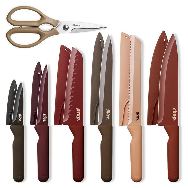 CAROTE Knife Set, 13 Pcs Kitchen Knife Set with Letter, 6 Stainless Steel Knives with Nonstick Ceramic Surface & Blade Guards, Kitchen Shears, Dishwasher Safe, Ergonomic Handles