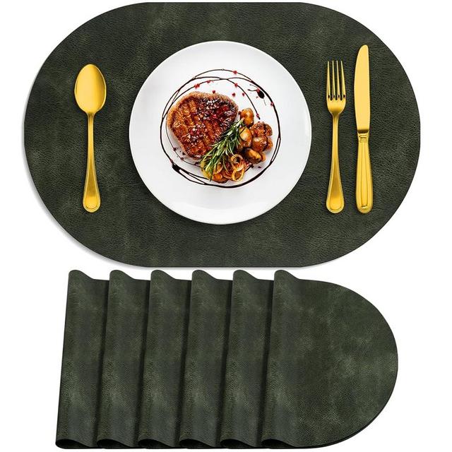 ADRIMER Placemats, Heat Resistant Oval Placemats Set of 6 Washable 12 x 17 Inch, Waterproof Table Mats, Wipeable Pu Place Mats for Kitchen, Dining Room, Olive Green