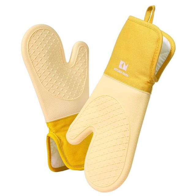 Kitchen Mama UltraShield Silicone Oven Mitts – Heat Resistant, Non-Slip Surface, Durable, Safe, Pot Holders, Flexible Waterproof Glove Set, Perfect for Cooking, Baking, Grilling, BBQ (Yellow)