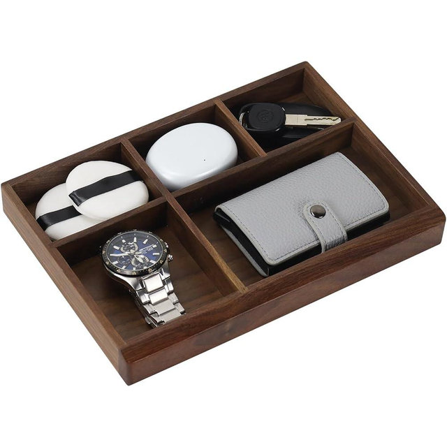 MultiBey 5-Slot Walnut Valet Tray Organizer | Wooden Valets Tray for Nightstand, Dresser & Desk |EDC Catchall Trays with 5 Sections for Jewelry, Wallet, Watch, Keys, Earbuds (Walnut)