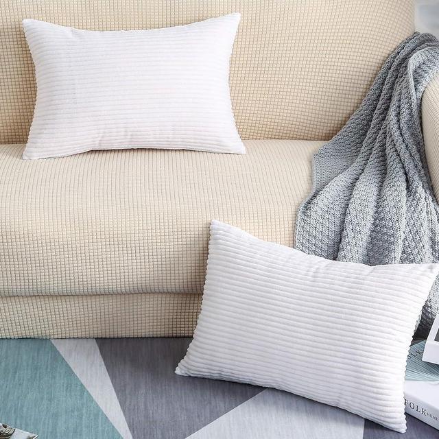 TangDepot, Set of 2 Solid Velvet Striped Corduroy Decorative Throw Pillow Covers, Lumbar Pillow Covers - (12"x18" 2 Pieces, A15 White)