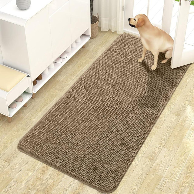 OLANLY Dog Door Mat for Muddy Paws 47x24, Absorbs Moisture and Dirt, Absorbent Non-Slip Washable Doormat, Quick Dry Chenille Mud Mat for Dogs, Entry Indoor Entryway Carpet for Inside Floor, Tan