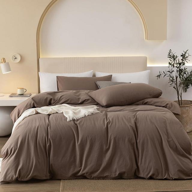 JIYUAN 100% Washed Cotton Duvet Cover Set Comfy Simple Style Soft Breathable Textured Durable Linen Feel Bedding for All Seasons Super King,Solid Brown