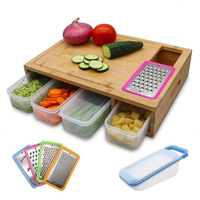 EZ Life Hub Bamboo Cutting Board with Containers - Prep deck with Juice Groove - Cutting Board with Containers, 4 Graters and a Box to Store Chopped Food - Large Prepdeck with 4 Trays