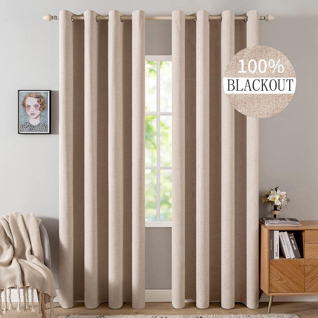 MIULEE 100% Blackout Linen Textured Curtains for Bedroom Solid Thermal Insulated Natural Beige Grommet Room Darkening Curtains & Drapes Luxury Decor for Living Room Nursery 52 x 96 Inch (2 Panels)