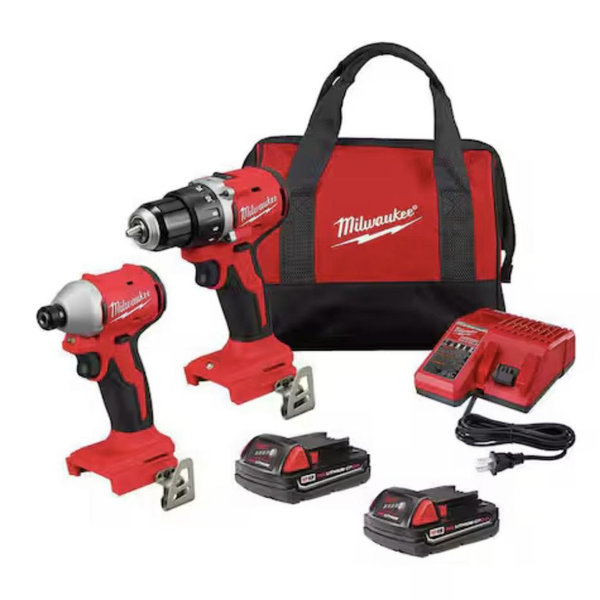 Milwaukee Drill/Impact Combo Kit M18 18V Lithium-Ion Brushless Cordless Compact (2-Tool) w/(2) 2.0 Ah Batteries, Charger & Bag 3692-22CT