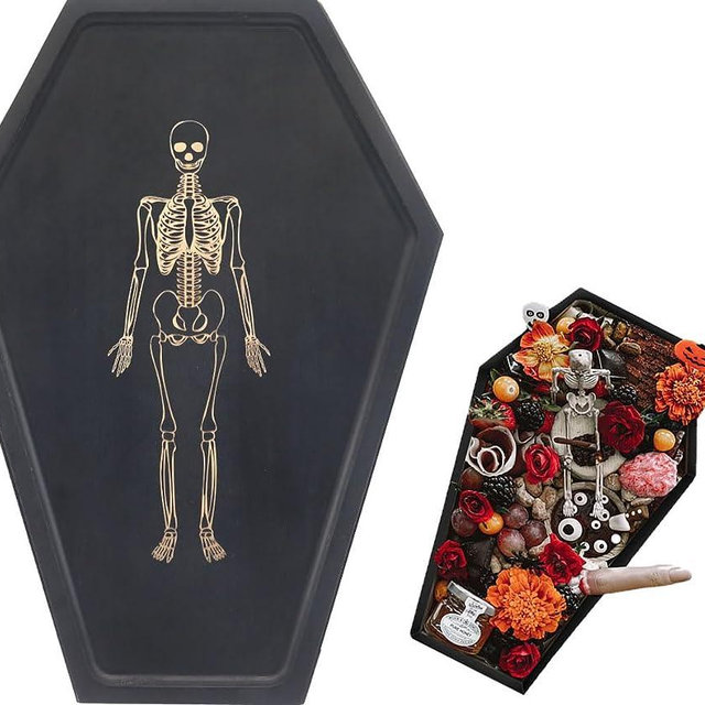 Halloween Decorations Indoor - Halloween Decor Coffin Skeleton Charcuterie Boards for Halloween Party Food - Coffin Serving Tray Goth Kitchen Accessories - Horror Dinner Cheese Platter Gothic Trays