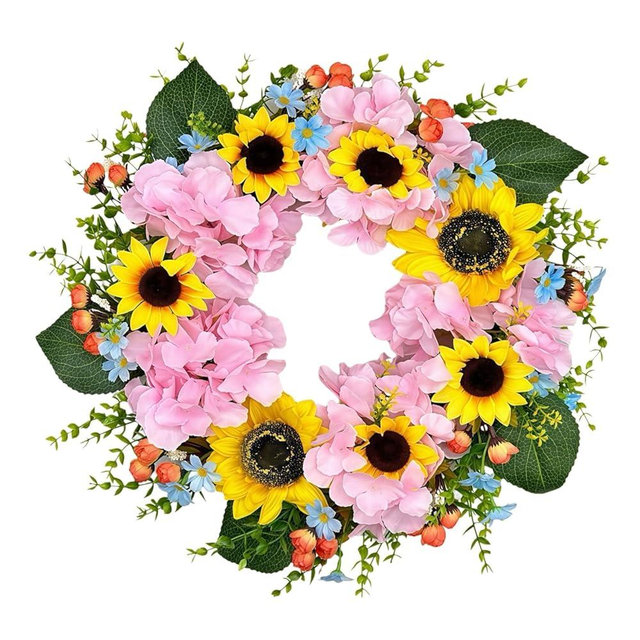 pring Wreath for Front Door, Bright Sunflowers & Mixed Flowers, Artificial Floral Wreath for Indoor & Outdoor Wall Decor, Lifelike Decoration for Home and Garden (18 inches)