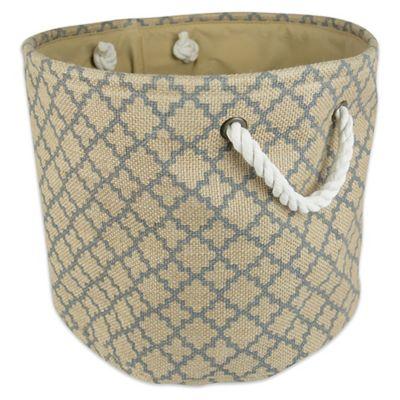 Design Imports Large Round Burlap Lattice Storage Bin in Grey