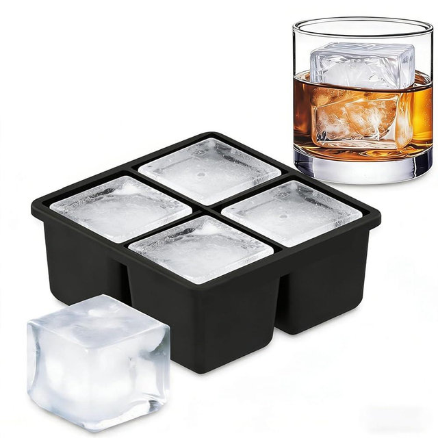 Silicone Ice Cube Tray (1-Pack), Easy Release 2" Big Ice Cubes - Cocktail, Whiskey Ice Cubes Mold - Ice Trays for Freezer with Lid - Stackable Silicone Ice Tray - Black (Four-panel comic)