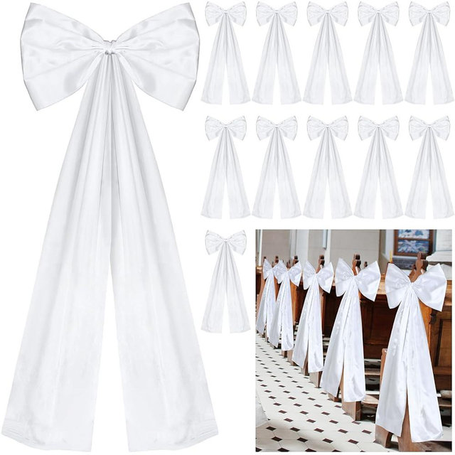 Knitgrip Large Wedding Pew Bows with Long Tails 12 x 29.5 Inch Wedding Aisle Decorations Bows Satin Ribbon Background Decor for Bridal Shower Reception Ceremony(White,24 Pcs)