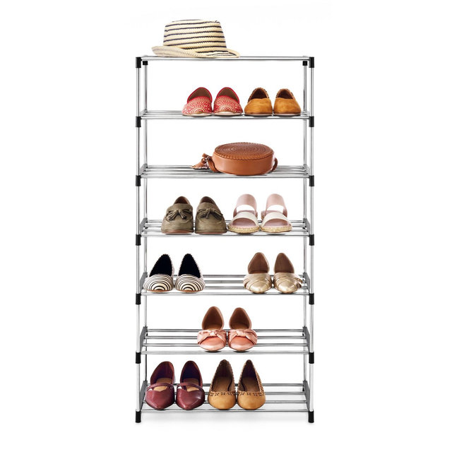 Whitmor 7 Tier Shoe Rack Silver: Steel & Plastic Frame, Holds 14 Pairs, Freestanding, 42" H x 19.7" W x 10.1" D