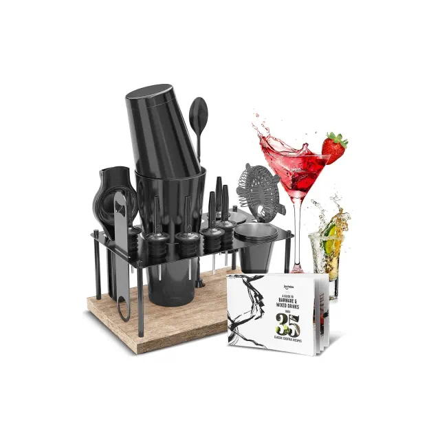 JoyTable Bar Set Cocktail Shaker Set, 17PC Stainless Steel Bartender Kit, Black Cocktail Set with Bar Tools & Wood Stand