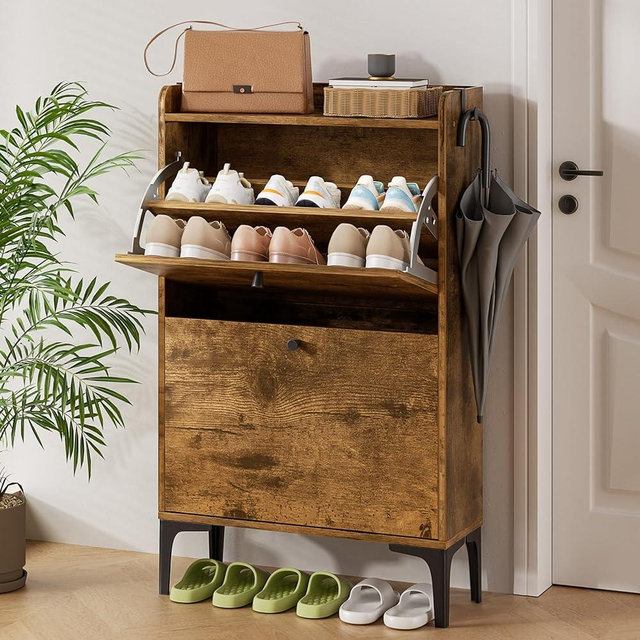 Dripex Shoe Storage Cabinet with 2 Flip Drawers, Modern Hidden Shoe Cabinet, Adjustable Narrow Slim Storage Rack Freestanding Organizer with Metal Legs for Entryway, Hallway, 23” Rustic Brown