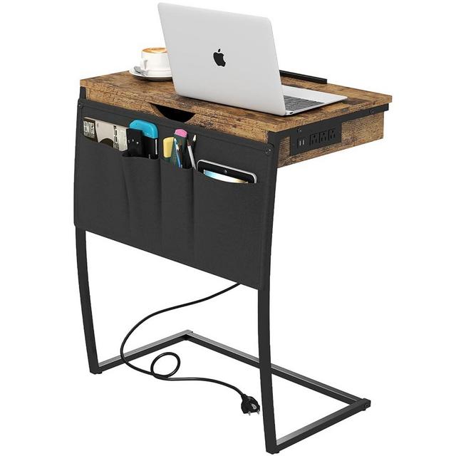Hadulcet TV Tray Tables, Laptop Stand for Couch, C Shaped End Table with Charging Station, Couch Tables That Slide Under, Bed Desk for Eating, Couch Desk for Laptop, Rustic Brown