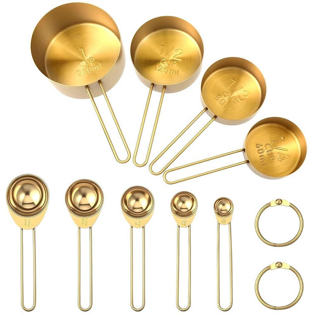 Giantree 9PCS Stainless Steel Gold Measuring Cups And Spoons Set, Metal Stackable & Long Handle Measuring Cups Measuring Spoons Set Durable Rust-Proof for Kitchen Baking Cooking