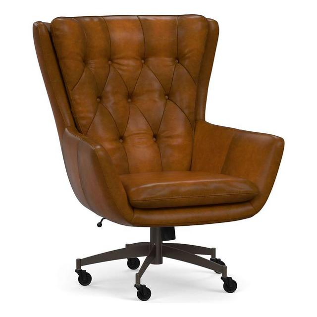 Wells Leather Swivel Desk Chair, Dark Antique Bronze Base, Burnished Bourbon
