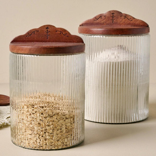 Small Antiqued Wood Ribbed Glass Canister