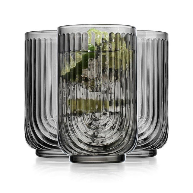 Vintage Glassware Art Deco Highball Glasses Set of 4 Smoke Ribbed Drinking Glasses 17 Oz Black U-Shape Arch Design Colored Cocktail Kitchen Tumblers