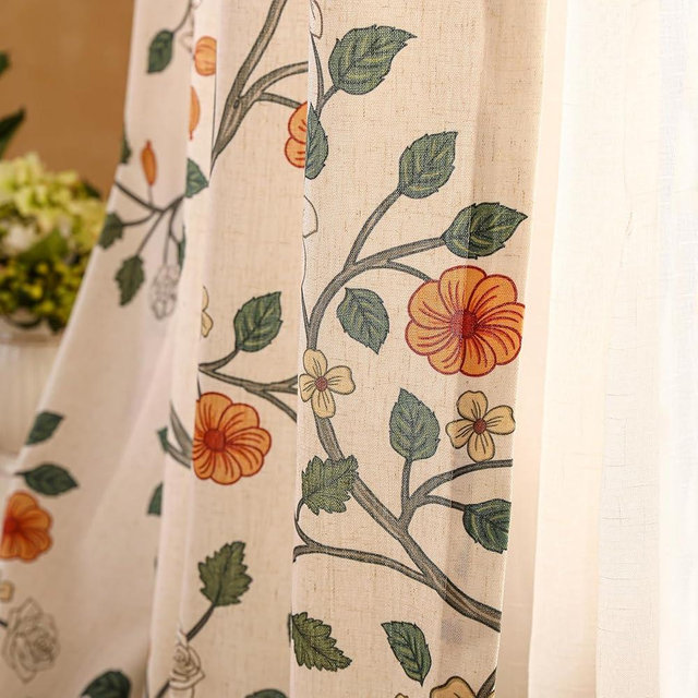 ISAENNE Vintage Beige Linen Semi Blackout Curtains with Grommets,Western Floral Pattern Decor Cottage Curtain for Kitchen Living Room Bedroom Window,2 Panels 65 Inches Wide by 87 Inches Long -Flora
