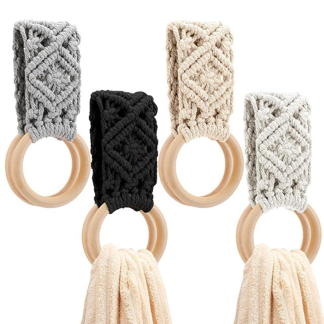 Tioncy 4 Pcs Kitchen Dish Towel Holder Mother's Day Gift for Mom Chef Boho Handmade Crochet Hanging Towels Loop Ring Knit Towel Hanger for Cabinet House Oven Stove Door, 4 Colors(Gray)