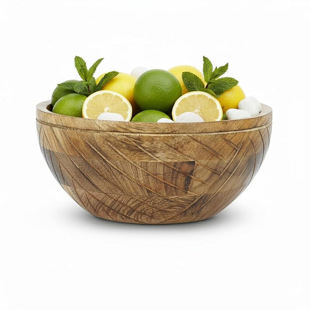 Mela Artisans Wooden Fruit Bowl | Light Burnt Finish | 9” Decorative Mango Wood Serving Bowl | Multipurpose for Kitchen Countertop | Salad | Dessert | Snacks | Breads & More | Natural Grain Pattern