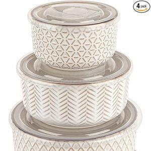 KooK Ceramic Nesting Bowls, with Lids, Serving, Set of 4, Embossed, Kitchen, Prep, Mix, Gift, Housewarming, Microwave and Dishwasher Safe, 10/16/29/47 oz, Narbonne Collection (Ivory)