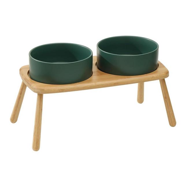 Havniva Raised Dog Bowl Non-Slip Ceramics Dog Bowl Adjustable Height Dog Bowl Dog Food Bowl Dog Dish Dog Water Bowl Protect Cervical Spine (8in Double Bowl + Chair Stand, Green)