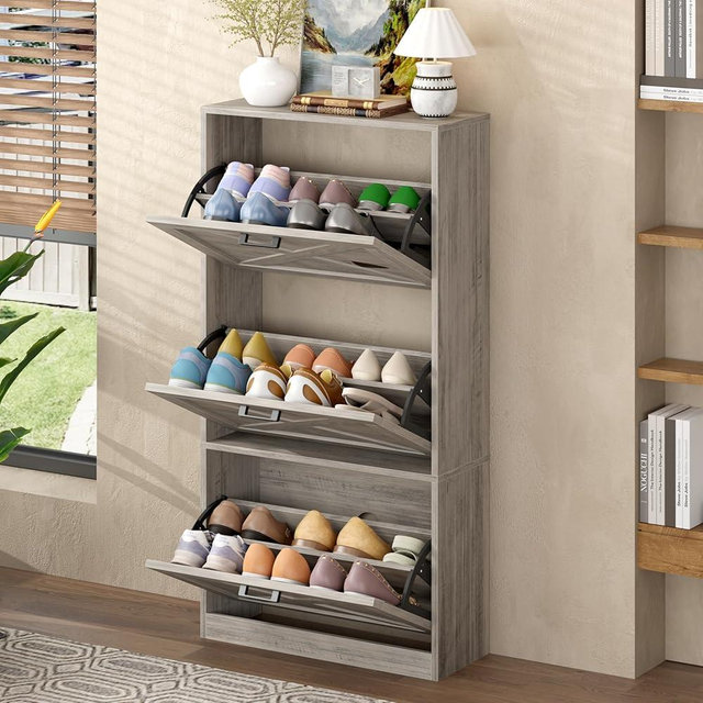 HOMEFORT Shoe Storage Cabinet for Entryway,24" Slim Shoe Organizer with 3 Flip Drawers, Narrow Shoe Rack Cabinet, Farmhouse Hidden Shoe Cabinet for Foyer, Front Door Entrance, Washed Gray