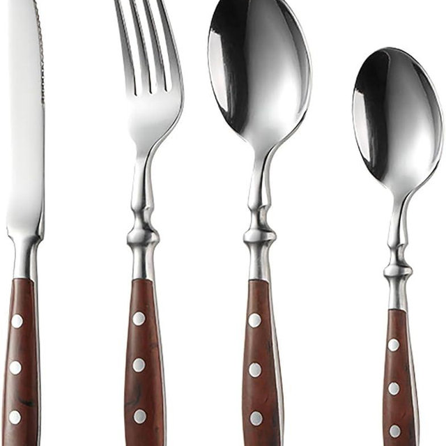 IKXO 16 Pieces Brown Gum Wood Handle Silverware Set for 4, Exquisite Ergonomic Flatware Set Food-Grade Stainless Steel Cutlery Set, Tableware Eating Utensils, Mirror Finished, Dishwasher Safe