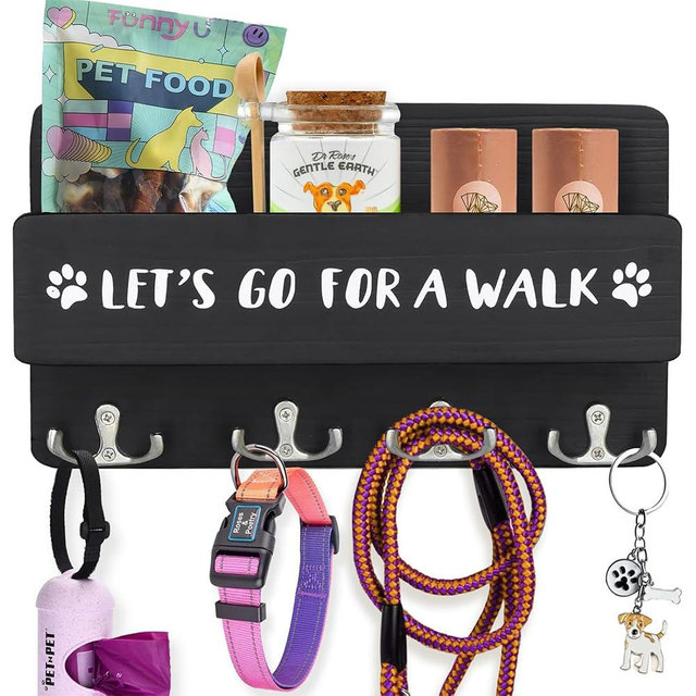 Niciksty Wood Dog Leash Holder for Wall, Key Hangers with 4 Double Key Hooks, Dog Leash Hanger Wall Mounted for Entryway, Farmhouse Treats,30cm, Black
