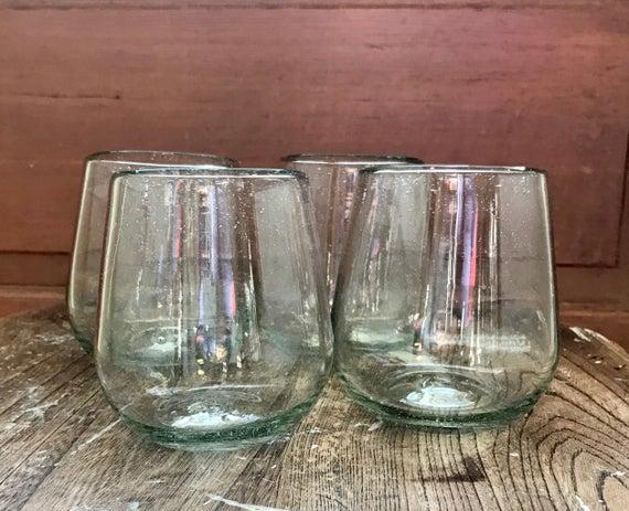 Handblown Recycled Glass Stemless Wine Glasses (Set of 4) Eco Friendly Juice/Cocktail/Bourbon Artisan Hand Blown Unique Gift Cabo Style