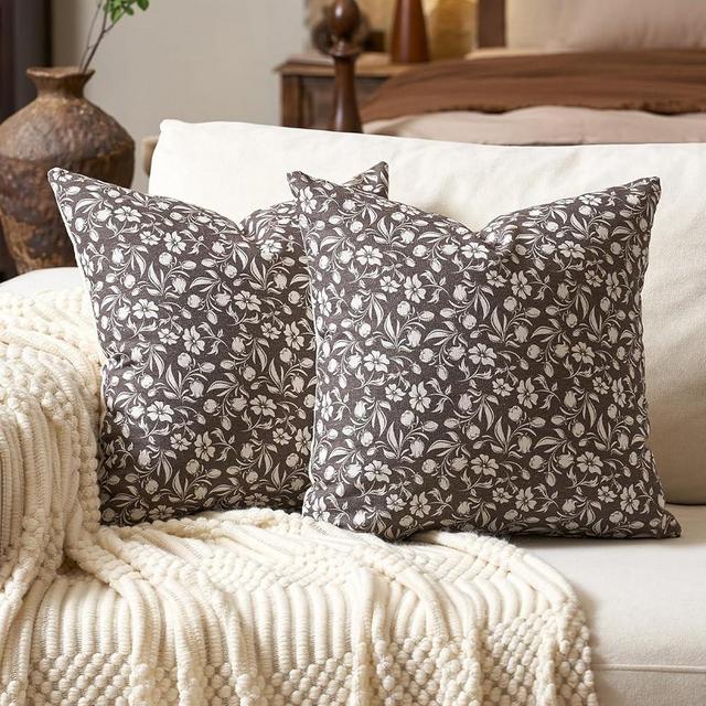 Aeckself Neutral Floral Pillow Covers 18x18 Set of 2, Vintage Block Print Throw Pillow Covers Decorative Farmhouse Accent Couch Pillows for Living Room Bedroom, Brown