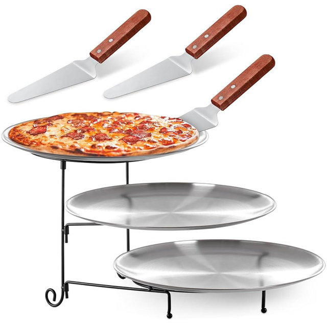 Domensi 7pcs Pizza Pan Riser Stands Sets Includes 1pcs Tiered Tray Stand 3 Stainless Steel Pizza Pan and 3 Wood Handle Knife for Tables Party Restaurant