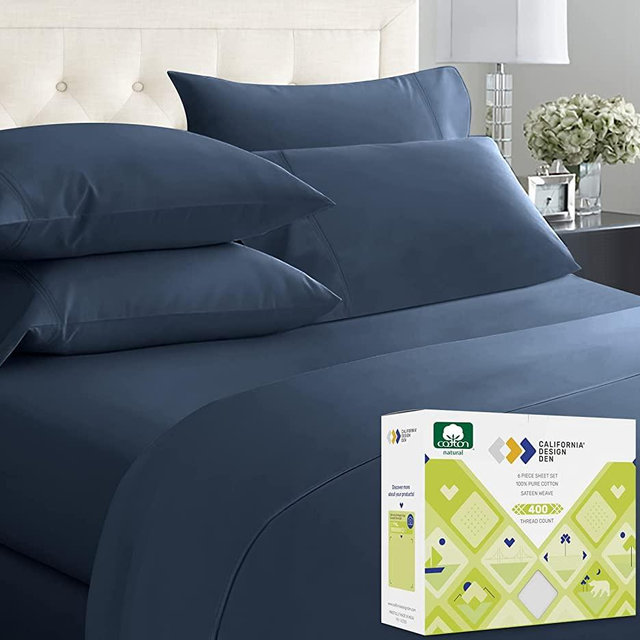 400-Thread-Count King Size Sheet Set - 6 Pcs with 4 Pillowcases - 100% Cotton Bedding Set Indigo Navy Blue Sateen Weave Sheets, Elasticized Deep Pocket Fits Low Profile Foam and Tall Mattresses