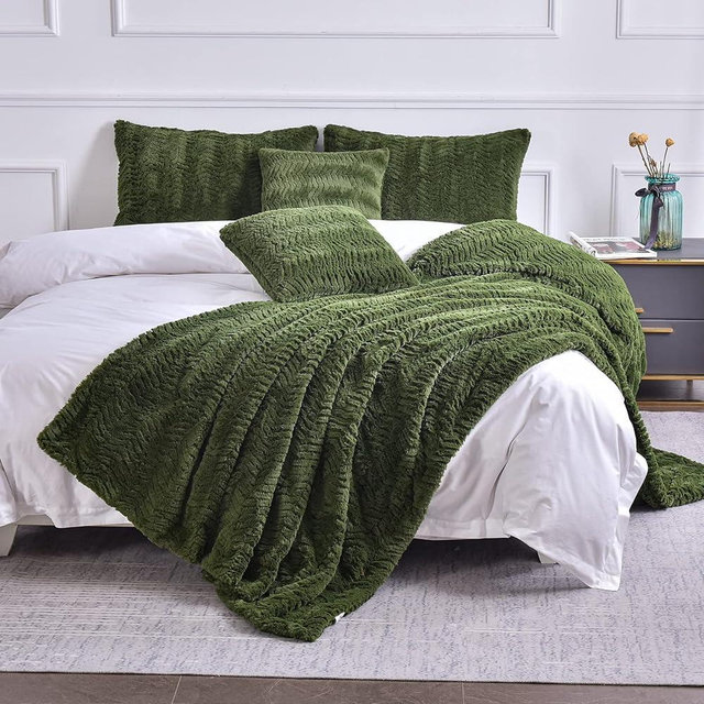YUSOKI Luxury Faux Fur Blanket for Couch Bed Chair Sofa Women Teen Girls Men Gift(Olive Green,Queen 90"x90")