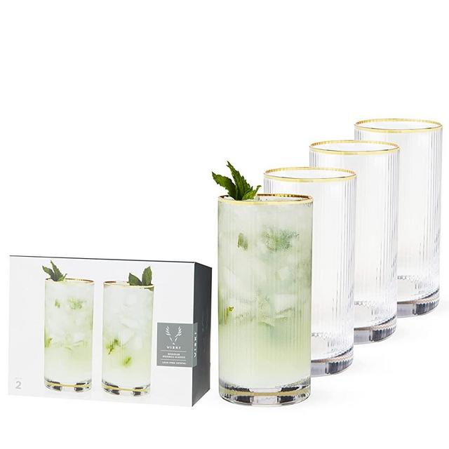 Viski Meridian Highball Gold Rimmed Cocktail Glass Set, Lead-Free Crystal Glassware, 15 Ounces, Set of 2, Set of 1, Clear