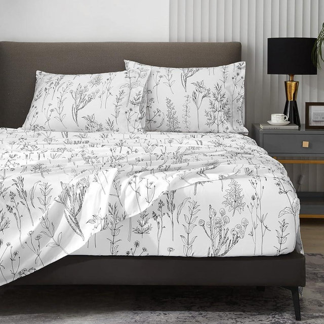 HYPREST Floral Bed Sheets Cal King Size,18 inches Deep Pocket Sheets, 1800 Thread Count Black and White Leaf Floral Bed Sheets Soft Breathable Cute Shabby Chic Bed Sheets, Oeko-Tex Certificated.