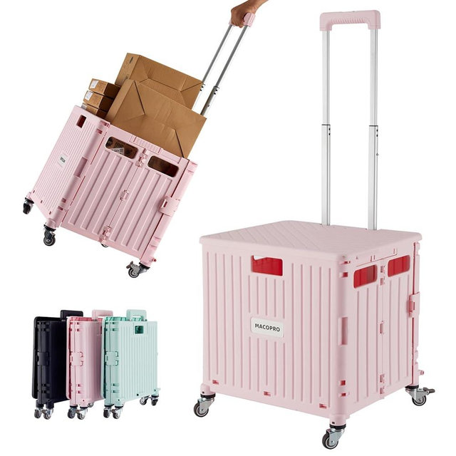 MACOPRO Folding Utility Cart Portable Rolling Crate Handcart Shopping Trolley Collapsible Tool Box, with Lid, Basket on 4 Rotate Wheels, for Grocery, Shopping, Office, Storage, Teacher (Pink)