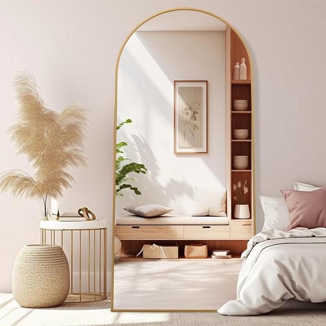 ZHUNFA 71x32 Arched Full Length Mirror with Stand, Floor Length Mirror, Oversized Gold Mirror Full Length, Aluminum Full Body Dressing Mirror with Arched-Top, Leaning for Living Room, Bedroom